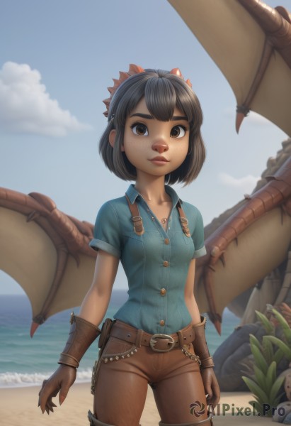 1girl,solo,breasts,looking at viewer,smile,short hair,bangs,brown hair,shirt,black hair,thighhighs,gloves,brown eyes,closed mouth,standing,collarbone,short sleeves,cowboy shot,small breasts,boots,outdoors,wings,horns,sky,day,collared shirt,belt,pants,artist name,cloud,signature,dark skin,water,dark-skinned female,blue sky,lips,ocean,thigh boots,beach,bob cut,thick eyebrows,blue shirt,plant,claws,buckle,brown gloves,freckles,dragon girl,borrowed character,nose,sand,dragon,brown belt,leather,brown pants,dragon wings,desert,leather gloves,hair ornament,arms at sides,horizon,brown shorts