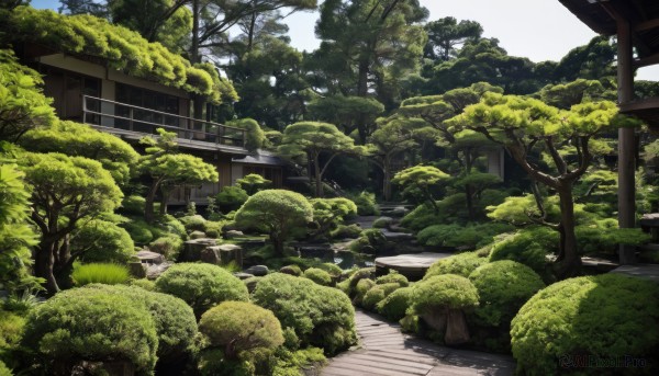 outdoors,sky,day,tree,no humans,grass,building,nature,scenery,forest,rock,stairs,road,bush,architecture,ruins,house,east asian architecture,path,window,plant