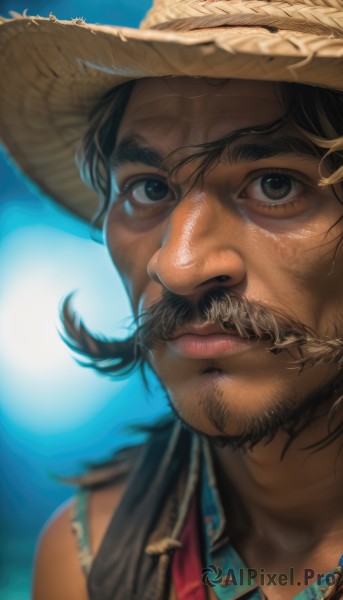 solo,looking at viewer,brown hair,black hair,1boy,hat,brown eyes,closed mouth,male focus,blurry,black eyes,lips,blurry background,facial hair,thick eyebrows,portrait,beard,close-up,realistic,mustache,brown headwear,straw hat,shirt,upper body,outdoors,sky,day,blue sky,depth of field,looking up,nose,looking afar