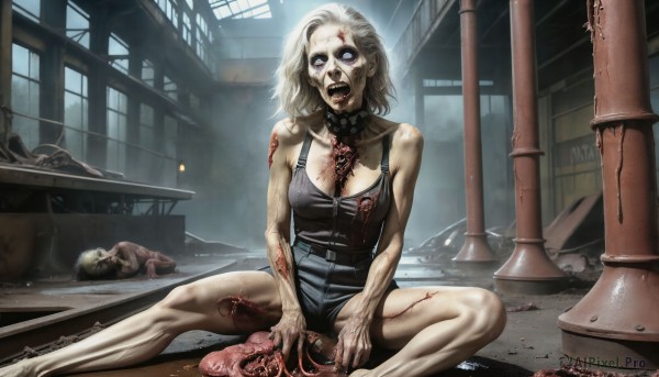 HQ,1girl,solo,breasts,short hair,open mouth,blue eyes,blonde hair,large breasts,cleavage,bare shoulders,medium breasts,sitting,collarbone,white hair,teeth,belt,spread legs,collar,blood,tank top,science fiction,veins,injury,realistic,on floor,ruins,dirty,damaged,zombie,death,horror (theme),guro,corpse,looking at viewer,jewelry,shorts,barefoot,solo focus,tongue,indoors,necklace,pale skin,monster