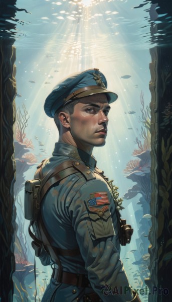 solo,short hair,black hair,long sleeves,1boy,hat,brown eyes,weapon,male focus,belt,looking back,uniform,lips,gun,military,military uniform,sunlight,fish,military hat,light rays,underwater,realistic,holster,air bubble,sunbeam,binoculars,soldier,coral,aquarium,looking at viewer,gloves,jacket,upper body,parted lips,signature,water,from side,thick eyebrows,blue headwear,bubble,pouch,very short hair,badge,military jacket,american flag,camouflage jacket,walkie-talkie