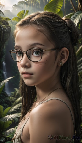 1girl,solo,long hair,breasts,looking at viewer,brown hair,bare shoulders,jewelry,closed mouth,green eyes,upper body,braid,earrings,small breasts,outdoors,glasses,day,necklace,hair bun,blurry,from side,lips,leaf,sunlight,plant,nature,half updo,freckles,black-framed eyewear,realistic,nose,waterfall,black hair,mole,eyelashes