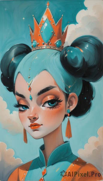 1girl,solo,looking at viewer,blush,smile,blue eyes,black hair,jewelry,closed mouth,upper body,multicolored hair,earrings,sky,artist name,cloud,hair bun,aqua eyes,lips,eyelashes,double bun,aqua hair,makeup,chinese clothes,thick eyebrows,cloudy sky,crown,gem,tassel,portrait,eyeshadow,eyeliner,blue gemstone,dress,blue hair,lipstick,freckles,nose,red lips,forehead jewel,tassel earrings,red gemstone,updo