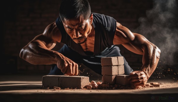 solo,short hair,black hair,1boy,male focus,sleeveless,dark skin,muscular,facial hair,dark-skinned male,smoke,veins,manly,dougi,shirt,closed mouth,pants,frown,looking down,squatting,tank top,muscular male,mustache