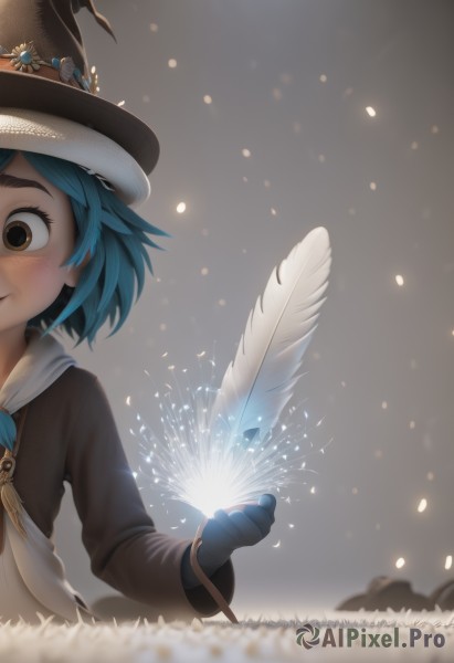 1girl,solo,blush,short hair,gloves,long sleeves,hat,holding,brown eyes,closed mouth,blue hair,upper body,flower,black gloves,witch hat,feathers,freckles,witch,magic,smile,artist name,blurry,black headwear,depth of field,glowing,watermark,web address,snowflakes,dandelion