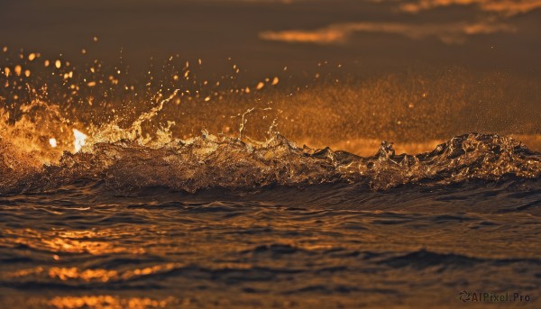 outdoors,sky,cloud,water,blurry,no humans,ocean,beach,cloudy sky,scenery,rock,horizon,splashing,sepia,waves,brown theme,orange theme,night,fire,sunset,watercraft