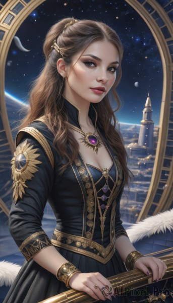 1girl,solo,long hair,breasts,looking at viewer,brown hair,hair ornament,dress,cleavage,brown eyes,jewelry,medium breasts,earrings,parted lips,sky,necklace,nail polish,black dress,bracelet,lips,grey eyes,makeup,night,moon,ring,feathers,brooch,gem,star (sky),night sky,starry sky,gold trim,realistic,fantasy,space,planet,earth (planet)