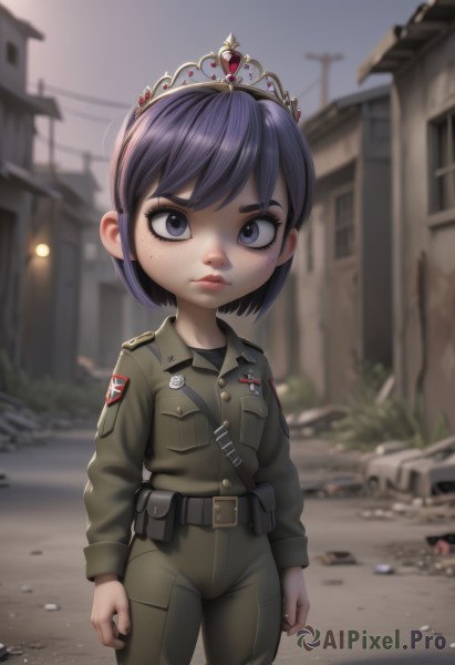 1girl,solo,looking at viewer,short hair,bangs,blue eyes,shirt,long sleeves,closed mouth,standing,purple eyes,jacket,purple hair,cowboy shot,outdoors,sky,day,belt,pants,blurry,uniform,black eyes,tree,lips,military,military uniform,depth of field,blurry background,frown,thick eyebrows,tiara,crown,ground vehicle,building,child,motor vehicle,clenched hands,freckles,pocket,black belt,serious,green jacket,arms at sides,female child,car,road,house,power lines,lamppost,street,military jacket,utility pole,green pants,world war ii,soldier,artist name,eyelashes,pouch,badge,patch