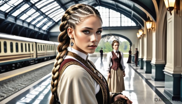 1girl,long hair,looking at viewer,multiple girls,skirt,blonde hair,brown hair,long sleeves,2girls,brown eyes,jewelry,standing,braid,earrings,multiple boys,solo focus,indoors,vest,lips,single braid,braided ponytail,stairs,realistic,architecture,train station,multiple braids,shirt,dress,upper body,multicolored hair,two-tone hair,brown skirt,train