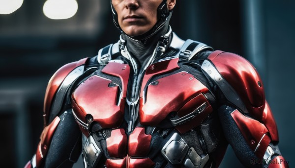 solo,1boy,closed mouth,upper body,male focus,armor,blurry,bodysuit,muscular,blurry background,helmet,science fiction,realistic,head out of frame,manly,power armor,black hair,dark skin,facial hair,facing viewer,superhero,red bodysuit