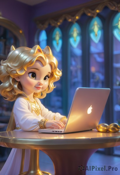 1girl,solo,smile,short hair,blonde hair,long sleeves,dress,animal ears,brown eyes,jewelry,sitting,closed mouth,artist name,indoors,medium hair,white dress,blurry,lips,window,depth of field,blurry background,chair,table,child,female child,computer,laptop,yellow eyes,horns,watermark,puffy long sleeves,nose,long dress