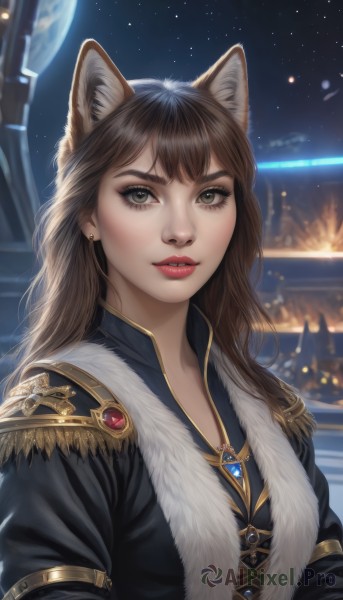 1girl,solo,long hair,looking at viewer,bangs,brown hair,animal ears,brown eyes,jewelry,upper body,earrings,parted lips,sky,artist name,cat ears,blurry,lips,fur trim,eyelashes,makeup,night,blurry background,lipstick,brooch,gem,star (sky),night sky,extra ears,starry sky,epaulettes,red lips,space,planet,long sleeves,outdoors,teeth,signature,necklace,wolf ears,realistic,nose