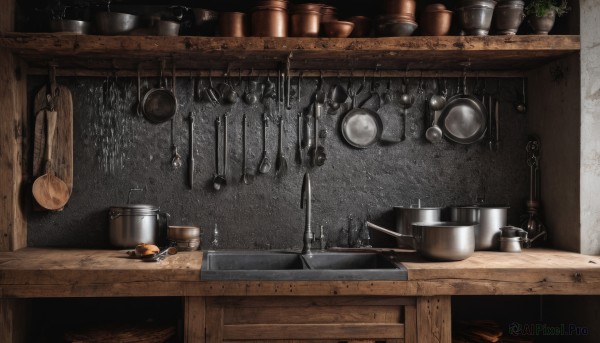 indoors,no humans,window,plant,scenery,ladle,kitchen,frying pan,sink,spatula,stove,wood,food,cup,table,bottle,plate,bowl,spoon,potted plant,cooking,jar,still life,faucet,cutting board