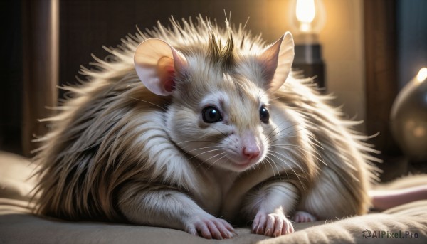 HQ,solo,looking at viewer,closed mouth,lying,indoors,signature,blurry,black eyes,pillow,no humans,bed,depth of field,blurry background,animal,cat,realistic,lamp,animal focus,white fur,mouse,whiskers,fluffy,on stomach