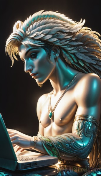 solo,long hair,blue eyes,blonde hair,simple background,hair ornament,1boy,jewelry,sitting,nipples,collarbone,upper body,male focus,earrings,parted lips,necklace,bracelet,lips,muscular,glowing,colored skin,piercing,feathers,pectorals,black background,ear piercing,armlet,topless male,realistic,nose,blue skin,bracer,feather hair ornament,computer,nipple piercing,laptop,nipple rings,artist name,profile,watermark,facial mark,web address,facepaint