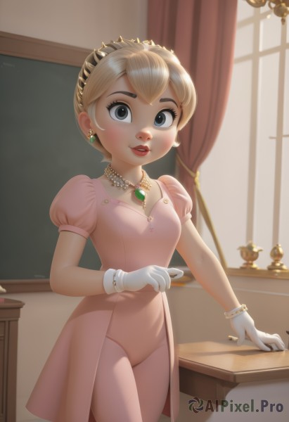 1girl,solo,breasts,looking at viewer,blush,smile,short hair,bangs,blonde hair,gloves,dress,jewelry,standing,short sleeves,cowboy shot,earrings,small breasts,parted lips,puffy sleeves,artist name,indoors,white gloves,signature,necklace,black eyes,bracelet,puffy short sleeves,lips,grey eyes,eyelashes,window,makeup,tiara,aged down,crown,lipstick,curtains,gem,pink dress,desk,red lips,candle,pearl necklace,princess,ballet,lipgloss,princess peach,blue eyes,alternate hairstyle,chalkboard,updo