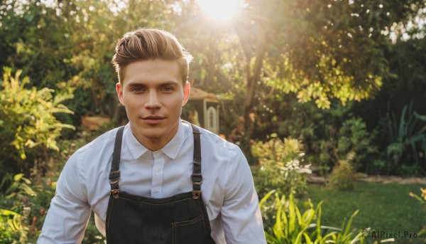 solo,looking at viewer,smile,short hair,brown hair,shirt,long sleeves,1boy,brown eyes,white shirt,upper body,flower,male focus,outdoors,parted lips,day,collared shirt,blurry,apron,tree,facial hair,sunlight,plant,realistic,stubble,overalls,black apron,garden,blue eyes,dress shirt,muscular,blurry background,grass,muscular male,yellow flower,undercut