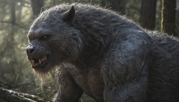 solo,looking at viewer,open mouth,yellow eyes,outdoors,teeth,day,blurry,from side,tree,no humans,depth of field,blurry background,animal,fangs,sharp teeth,nature,forest,realistic,branch,animal focus,tusks,signature,profile