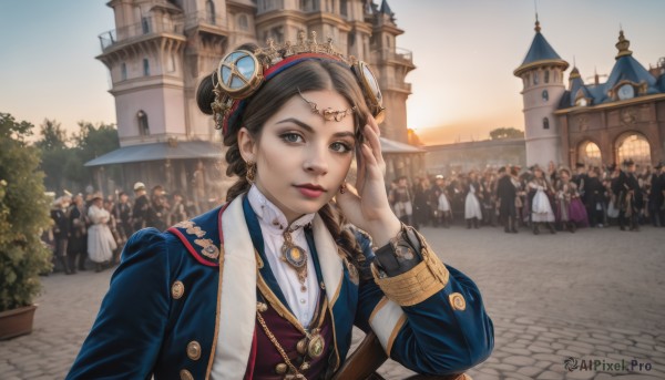 1girl,long hair,looking at viewer,brown hair,black hair,hair ornament,long sleeves,jewelry,upper body,braid,earrings,outdoors,multiple boys,sky,solo focus,day,necklace,hair bun,black eyes,bracelet,tree,lips,grey eyes,makeup,6+girls,building,faceless,6+boys,watch,faceless male,city,red lips,road,castle,crowd,pavement,solo,blue eyes,multiple girls,shirt,brown eyes,jacket,white shirt,hairband,hand up,vest,twin braids,scenery,realistic,clock,blue coat