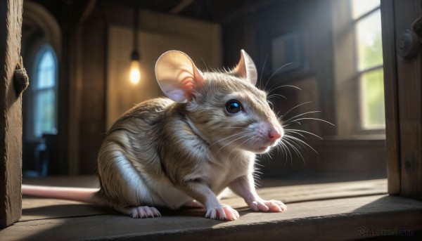 HQ,solo,looking at viewer,blue eyes,closed mouth,full body,day,indoors,blurry,no humans,window,depth of field,blurry background,animal,sunlight,cat,realistic,door,animal focus,mouse,whiskers,open door