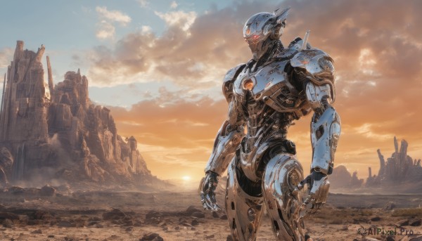 solo, red eyes, outdoors, sky, cloud, no humans, glowing, robot, scenery, mecha, science fiction, sunset, realistic, ruins, desert