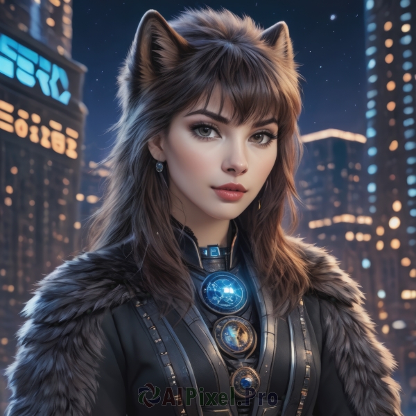 1girl,solo,long hair,looking at viewer,bangs,brown hair,black hair,animal ears,brown eyes,jewelry,closed mouth,jacket,upper body,earrings,outdoors,sky,artist name,cat ears,blurry,black eyes,lips,coat,black jacket,fur trim,makeup,night,brooch,building,gem,star (sky),night sky,zipper,starry sky,city,nose,red lips,city lights,eyelashes,blurry background,wolf ears,lipstick,realistic,neon lights