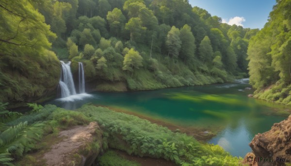 outdoors,sky,day,cloud,water,tree,blue sky,no humans,grass,nature,scenery,forest,mountain,rainbow,river,waterfall,landscape,lake,rock,cliff,moss