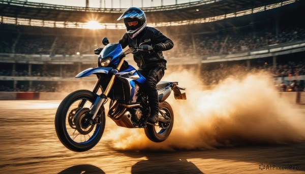 solo,gloves,1boy,jacket,male focus,boots,black gloves,pants,blurry,black jacket,shadow,helmet,ground vehicle,motor vehicle,smoke,riding,motorcycle,police,police uniform,leather jacket,dust,motorcycle helmet,on motorcycle,indoors,black footwear,black pants,motion blur,leather,explosion,vehicle focus,biker clothes,leather pants