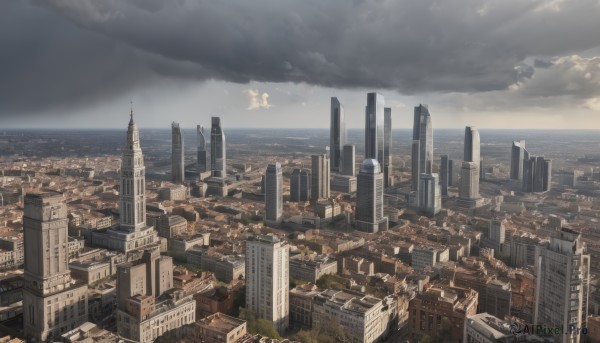 outdoors,sky,day,cloud,water,tree,no humans,ocean,cloudy sky,building,scenery,city,horizon,cityscape,skyscraper,landscape,sunlight,light rays,sunbeam