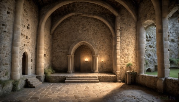 HQ,outdoors,indoors,no humans,window,sunlight,plant,scenery,stairs,door,light,candle,wall,ruins,pillar,statue,church,arch,column,stone floor,flower,grass,fire,fantasy,potted plant,architecture,moss,stone wall