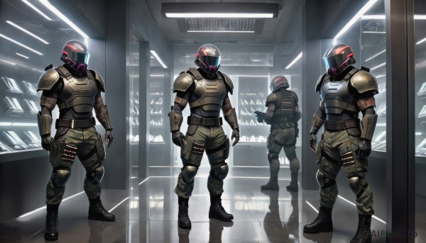 gloves,standing,full body,weapon,male focus,boots,multiple boys,pants,indoors,black footwear,armor,gun,military,glowing,helmet,shoulder armor,reflection,science fiction,4boys,pauldrons,realistic,knee pads,multiple persona,shoulder pads,multiple others,open hands,reflective floor,body armor,black gloves,military uniform,3boys,glass,camouflage,tactical clothes,combat boots,camouflage pants