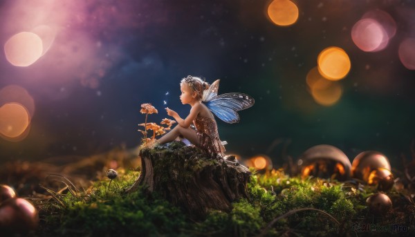 1girl,solo,short hair,black hair,dress,bare shoulders,jewelry,sitting,closed eyes,flower,earrings,outdoors,wings,sky,barefoot,pointy ears,blurry,from side,tree,strapless,profile,night,depth of field,blurry background,glowing,grass,bug,butterfly,instrument,star (sky),nature,night sky,scenery,strapless dress,light particles,lens flare,starry sky,minigirl,fantasy,music,fairy wings,fairy,mushroom,bokeh,butterfly wings,fireflies,tree stump,brown hair,1boy,male focus,jellyfish