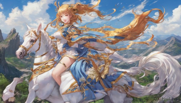 1girl,solo,long hair,breasts,looking at viewer,bangs,blonde hair,hair ornament,long sleeves,dress,brown eyes,jewelry,medium breasts,sitting,very long hair,ponytail,outdoors,parted lips,horns,sky,day,cloud,wide sleeves,blue sky,lips,thigh strap,floating hair,blue dress,bird,animal,chinese clothes,cloudy sky,wind,scenery,gold trim,mountain,riding,horse,mountainous horizon,horseback riding,reins,smile,brown hair,earrings,pegasus