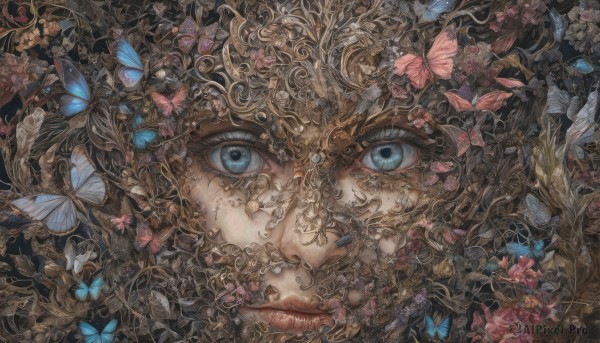 1girl,solo,looking at viewer,blue eyes,closed mouth,flower,lips,eyelashes,bug,feathers,butterfly,portrait,close-up,blue butterfly,too many,eye focus,blonde hair,1boy,male focus,plant,androgynous