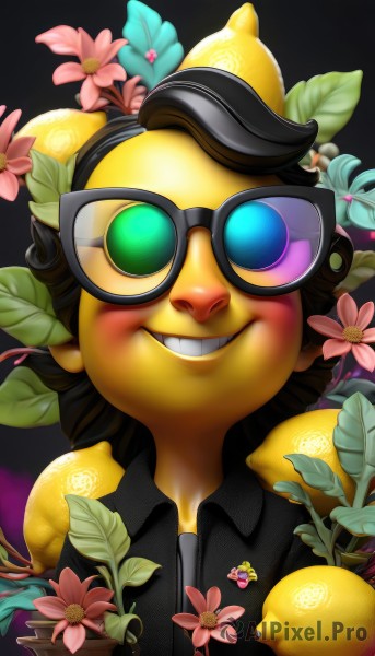 solo,looking at viewer,smile,brown hair,shirt,1boy,green eyes,upper body,flower,male focus,glasses,teeth,collared shirt,grin,black shirt,leaf,black background,goggles,portrait,pink flower,yellow skin,1girl,black hair,food,fruit,watermark,sunglasses,web address,realistic,lemon,pineapple