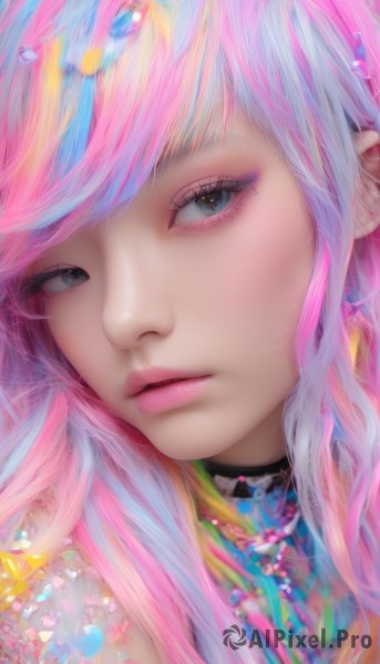 1girl,solo,long hair,looking at viewer,bangs,blue eyes,jewelry,blue hair,pink hair,multicolored hair,parted lips,choker,necklace,black eyes,two-tone hair,lips,grey eyes,eyelashes,makeup,swept bangs,lipstick,gem,portrait,close-up,eyeshadow,pink lips,realistic,nose,eyeliner,mascara,black choker,colorful