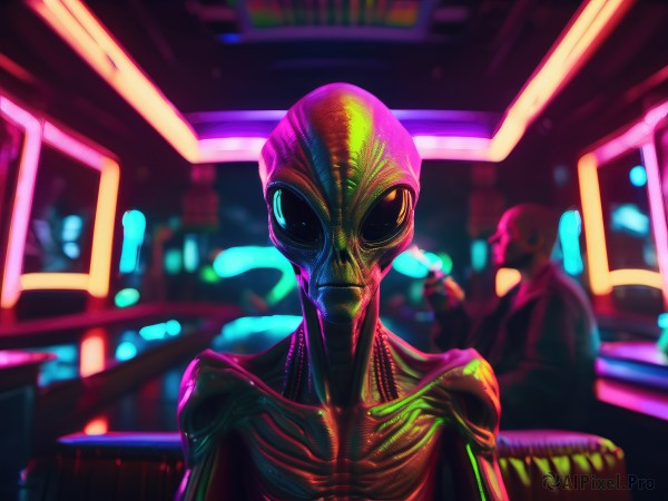 solo,looking at viewer,1boy,upper body,male focus,multiple boys,solo focus,indoors,blurry,bodysuit,mask,blurry background,science fiction,alien,neon lights,1girl,no humans,monster