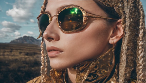 1girl,solo,brown hair,jewelry,green eyes,braid,outdoors,parted lips,sky,glasses,day,cloud,blurry,blue sky,lips,blurry background,sunglasses,portrait,close-up,realistic,nose,round eyewear,earrings,gem,veil,gold,yellow-framed eyewear