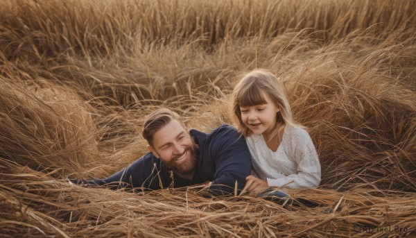 1girl,smile,short hair,bangs,brown hair,shirt,long sleeves,1boy,closed eyes,outdoors,lying,parted lips,sweater,facial hair,grass,on stomach,child,beard,realistic,mustache,old,drawing,wheat,long hair,open mouth,black hair,dress,white shirt,upper body,white dress,aged down,field,fine art parody