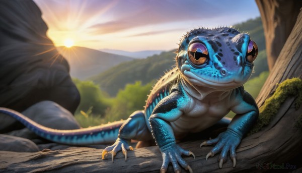 HQ,solo,closed mouth,tail,full body,outdoors,sky,day,blurry,tree,pokemon (creature),no humans,sunlight,grass,nature,claws,sunset,rock,mountain,realistic,sun,sunrise,dinosaur,lizard tail,looking at viewer,yellow eyes,blurry background,scales,lizard