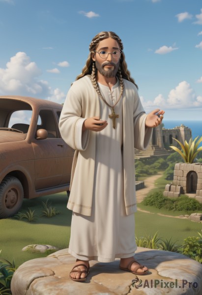 solo,long hair,looking at viewer,smile,blue eyes,brown hair,long sleeves,1boy,holding,jewelry,standing,full body,braid,male focus,outdoors,sky,glasses,day,cloud,wide sleeves,water,necklace,blue sky,facial hair,ocean,sandals,ring,grass,cross,plant,ground vehicle,motor vehicle,beard,black-framed eyewear,robe,round eyewear,mustache,horizon,car,cross necklace,flip-flops,white robe,cactus,holding jewelry,open mouth,black eyes,lips,toes,watermark,brown footwear,cloudy sky,semi-rimless eyewear,forehead,rock,latin cross,grey-framed eyewear