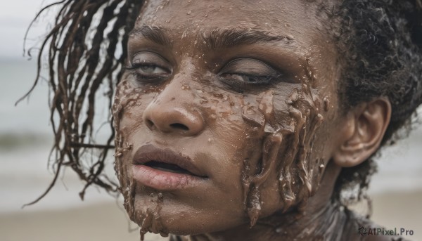 solo,short hair,black hair,1boy,brown eyes,male focus,parted lips,teeth,dark skin,blurry,black eyes,lips,wet,blurry background,dark-skinned male,portrait,realistic,grey eyes,looking away,close-up