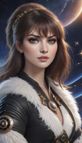 1girl,solo,long hair,breasts,looking at viewer,bangs,brown hair,brown eyes,jewelry,green eyes,upper body,earrings,parted lips,sky,teeth,artist name,signature,necklace,lips,grey eyes,fur trim,eyelashes,makeup,watermark,piercing,ear piercing,star (sky),starry sky,freckles,realistic,nose,space,planet,earth (planet),mascara,emblem