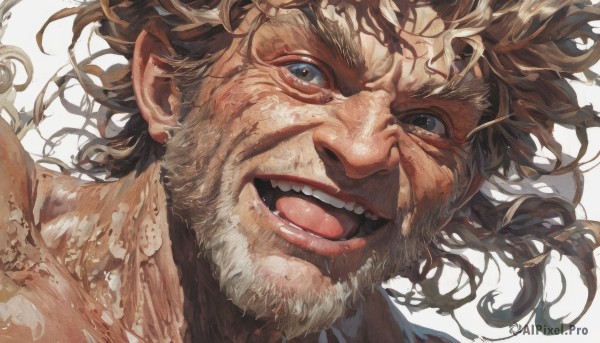 solo,looking at viewer,smile,open mouth,blue eyes,blonde hair,simple background,brown hair,1boy,white background,:d,male focus,teeth,facial hair,messy hair,portrait,beard,close-up,realistic,manly,old,old man,tongue,floating hair,veins