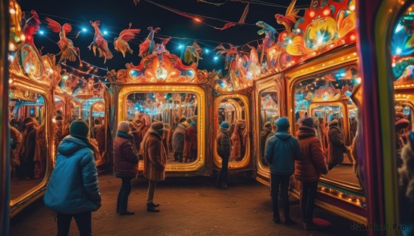 multiple girls,standing,jacket,multiple boys,pants,hood,from behind,blurry,coat,hoodie,night,depth of field,bird,hood down,ground vehicle,scenery,walking,6+boys,hands in pockets,crowd,6+others,hat,fire,flying,fantasy,magic,light,dark,multiple others,stained glass