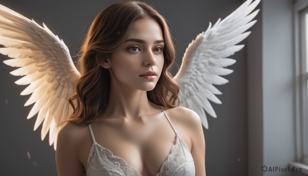 1girl,solo,long hair,breasts,blue eyes,brown hair,cleavage,bare shoulders,brown eyes,medium breasts,closed mouth,underwear,collarbone,upper body,wings,indoors,bra,blurry,lips,looking to the side,blurry background,looking away,lingerie,feathered wings,white bra,angel wings,realistic,nose,white wings,angel,window,wavy hair,sunlight