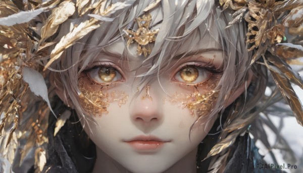 1girl,solo,looking at viewer,short hair,bangs,hair ornament,hair between eyes,closed mouth,yellow eyes,white hair,grey hair,blurry,lips,eyelashes,depth of field,blurry background,feathers,portrait,close-up,realistic,red lips,gold,eye focus,heterochromia,expressionless,nose,head chain