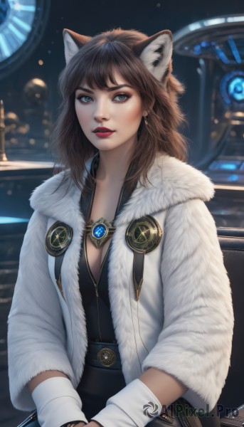 1girl,solo,long hair,breasts,looking at viewer,bangs,blue eyes,brown hair,gloves,long sleeves,dress,animal ears,cleavage,jewelry,sitting,jacket,upper body,earrings,parted lips,open clothes,cat ears,fingerless gloves,medium hair,necklace,mole,blurry,black dress,lips,coat,animal ear fluff,fur trim,makeup,blurry background,white jacket,lipstick,realistic,nose,white coat,red lips,fur coat,medium breasts,artist name,signature,eyelashes,wolf ears,gem,pendant,open coat