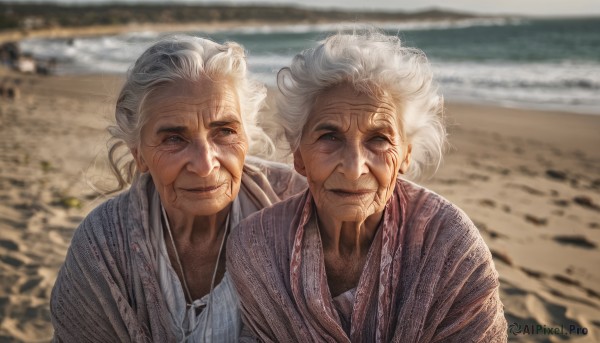 1girl,looking at viewer,smile,blue eyes,1boy,closed mouth,closed eyes,upper body,white hair,grey hair,male focus,outdoors,day,necklace,blurry,depth of field,blurry background,facial hair,siblings,ocean,scar,beach,dual persona,realistic,sand,old,old man,old woman,wrinkled skin,long hair,multiple girls,2girls,japanese clothes,kimono,water,hair bun,grey eyes,single hair bun,messy hair,curly hair,mother and daughter