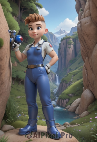 1girl,solo,breasts,looking at viewer,smile,short hair,blue eyes,brown hair,shirt,gloves,holding,brown eyes,closed mouth,standing,full body,white shirt,weapon,flower,short sleeves,small breasts,boots,outdoors,sky,day,belt,cloud,white gloves,water,tree,blue sky,hand on hip,gun,grass,nature,genderswap (mtf),blue footwear,mountain,overalls,waterfall,energy gun,1boy,male focus,rock,male child